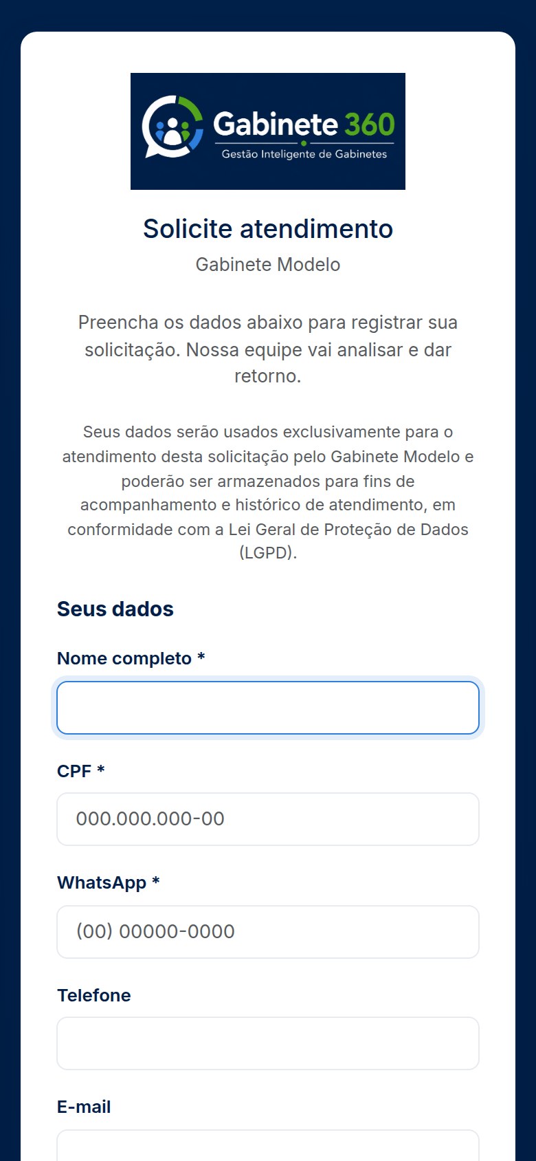 Formulário público de atendimento ao cidadão do Gabinete 360, acessado pelo celular